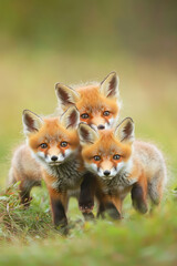 Obraz premium A charming group of fluffy fox cubs playfully tumbling in a meadow, their vibrant orange fur contrasting beautifully against the soft green grass.