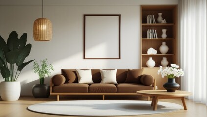 Empty frame mockup in modern japandi living room background, poster frame mockup design, mockup frame