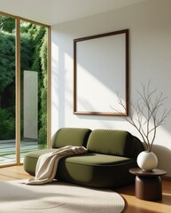 Empty frame mockup in modern minimalist living room interior background, poster frame mockup design, mockup frame