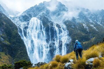 Majestic waterfall view from a hiking trail in the mountains