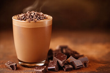 Rich hot chocolate with shavings and chocolate pieces