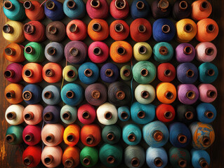 Vibrant assortment of colorful threads displayed on spools