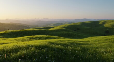 Naklejka premium Rolling green hills stretch towards distant mountains under soft light