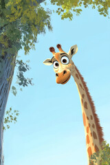 Fototapeta premium Illustration of a curious giraffe peeking its long neck over a tree, with a bright blue sky in the background. Its large, gentle eyes and spotted coat make the giraffe both endearing and majestic in