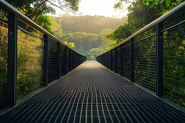 Metal walkway through lush forest