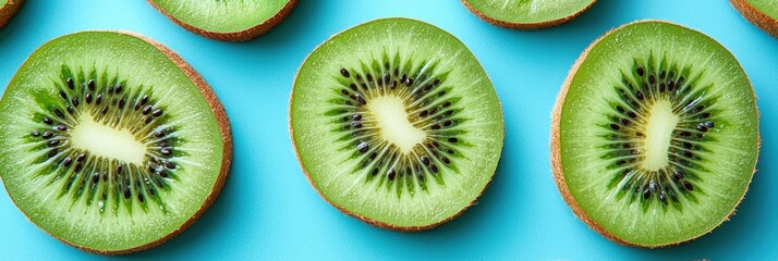 Fototapeta premium Sliced kiwis with vibrant green flesh on a warm cyan background