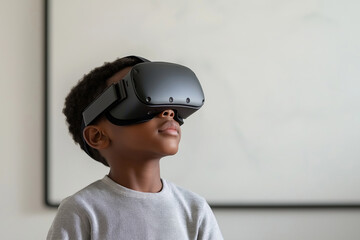 Young boy exploring virtual reality in a modern classroom setting during the day
