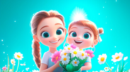 Loving Mother and Daughter Holding a Bouquet of Flowers