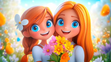 Two Adorable Animated Girls Smiling in a Flower Field, Holding a Colorful Bouquet