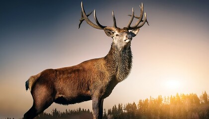 Majestic Stag Standing Tall with Sunlit Antlers Casting Artistic Shadows