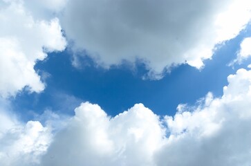 Thick clouds behind the hot sun. Beautiful white clouds in the bright blue sky as a natural concept.