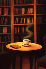 Illustration of a cozy cafÃ© with warm lighting and a steaming cup of coffee on a small wooden table. The background features shelves filled with books, creating a welcoming and relaxed atmosphere.