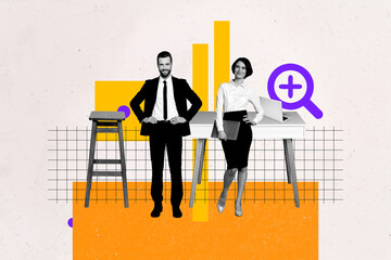 Composite 3D collage trend template design of team young lady man stand together tablet office...
