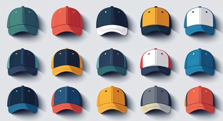 Set bundle of baseball cap minimalist childish style illustration on plain white background