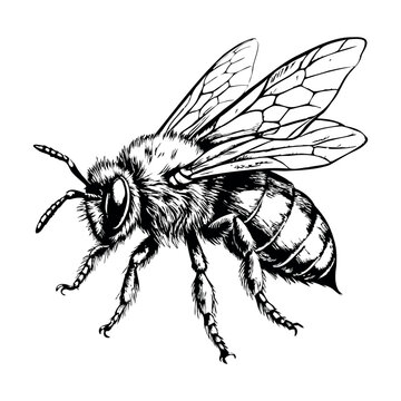 A black and white drawing of a bee