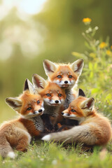 Obraz premium A charming group of fluffy fox cubs playfully tumbling in a meadow, their vibrant orange fur contrasting beautifully against the soft green grass.