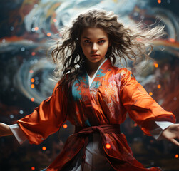 A girl is practicing Tai-Chi and in the background we see an abstract moving wind, suggesting rapid movement.