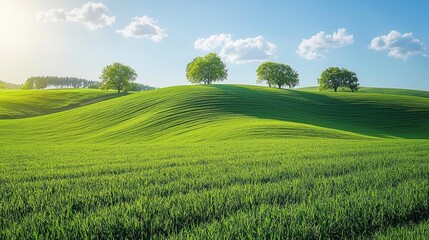Lush green rolling hills under a bright blue sky with scattered clouds and perfectly aligned trees in the distance