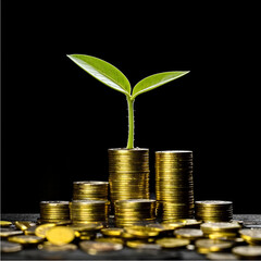 gold coins are piled and one of them has a green sprout growing. profit of your business.