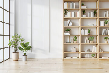 Modern wall mounted storage shelves with a mix of open and closed units, perfect for organizing books and decor in a living room or home office.