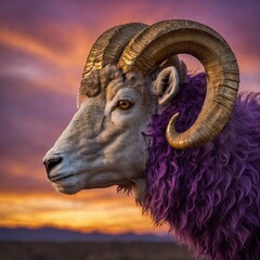 A ram with spiraling golden horns under a vivid purple and gold sunset.