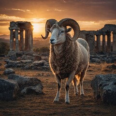 A majestic ram standing among ancient ruins during a glowing sunset.