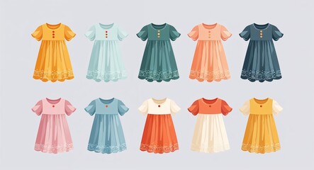 Set bundle of chiffon dress minimalist childish style illustration on plain white background