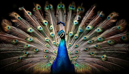 Naklejka premium Majestic Peacock Posing with Partially Fanned Feathers in Dramatic Lighting
