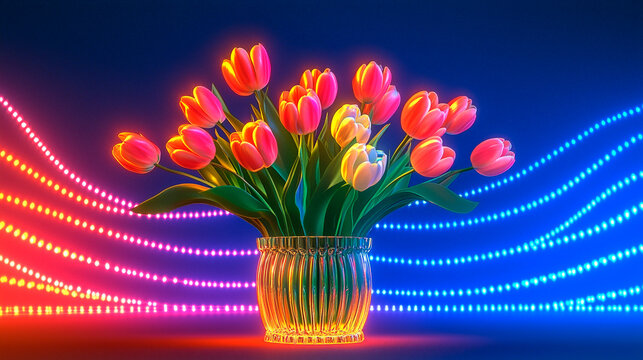 Vibrant Tulips in a Glass Vase with Neon Lights. A stunning bouquet of glowing tulips in a decorative glass vase, illuminated by neon blue and red LED lights in the background - Powered by Adobe