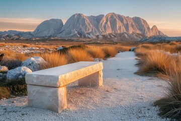 A serene pathway leads to majestic mountains, framed by gentle grasses, with a solitary stone bench inviting reflection and appreciation of nature's beauty.