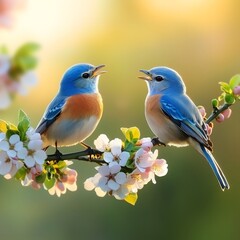 Fototapeta premium A delicate digital illustration of two bluebirds perched on a branch of white blossoms, set against a soft natural background with warm sunlight. This romantic and serene design is ideal for spring de