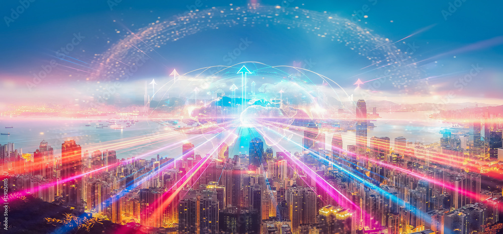 Aufkleber futuristic hong kong cityscape with glowing arrows symbolizing business growth and upward concepts. 
