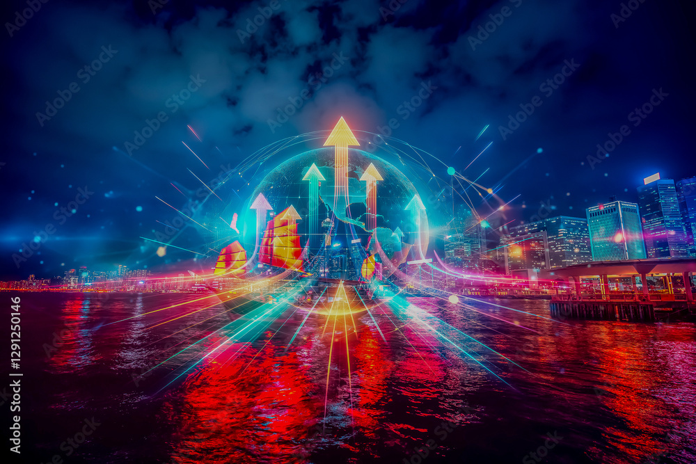 Aufkleber hong kong's vibrant cityscape at night, illuminated by glowing arrows pointing upwards. a conceptual