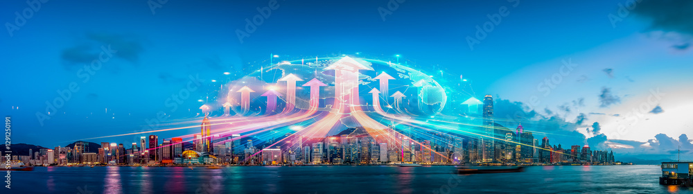 Poster hong kong cityscape at dusk with illuminated arrows rising above buildings, symbolizing business gro