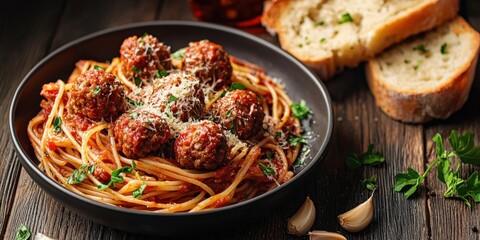 Spaghetti with Meatballs and Garlic Bread on a dark wood background