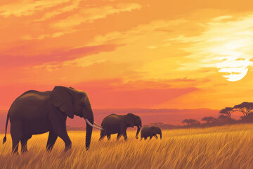 Fototapeta premium Illustration of a family of elephants roaming across the African savannah. The elephants move gracefully across the golden grass, while the setting sun paints the sky in warm shades of orange and pink