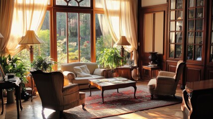 sunlit living room with antique furniture and garden view