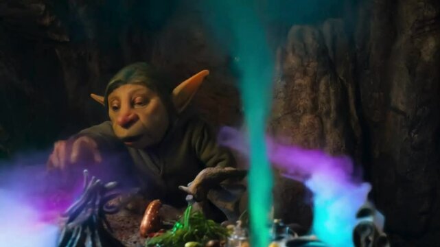 A time-lapse of a mischievous goblin crafting magical potions in a rocky cave, as the bubbling brews emit glowing fumes that change colors over time, 4k video footage
