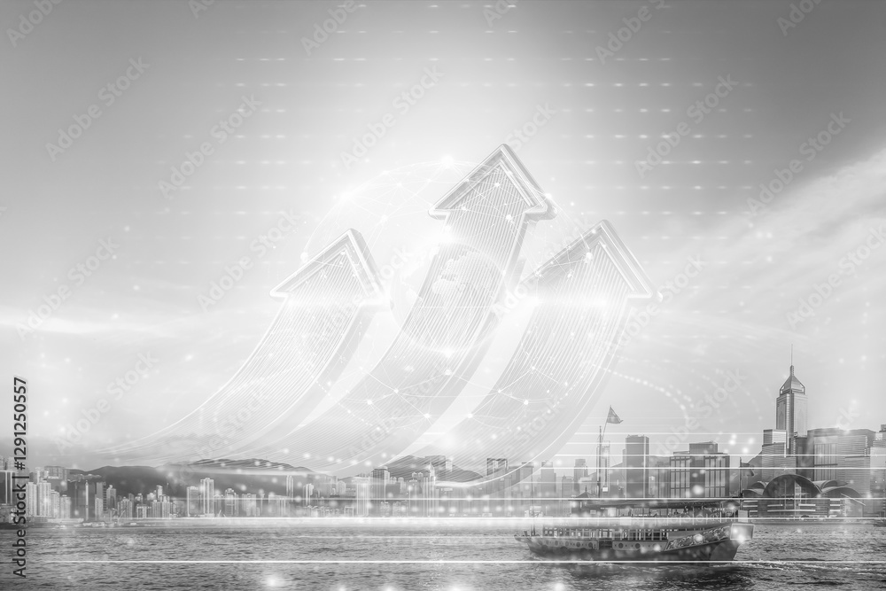Aufkleber hong kong cityscape with upward arrows represents a business-focused concept of growing up in a thri