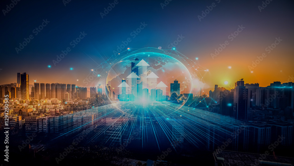 Poster Hong Kong cityscape at dusk with glowing arrows in a sphere, symbolizing business growth and progress. A concept of growing up in a thriving city.