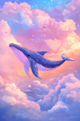 Fototapeta premium Illustration of a magical flying whale with soft pastel colors, gliding through a sky filled with fluffy clouds. The dreamy, surreal landscape gives it a fairytale like charm, making it an enchanting