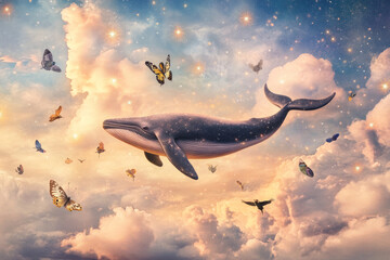 Fototapeta premium A whimsical scene of a flying whale soaring through a sky filled with fluffy clouds and sparkling stars. The whale is surrounded by smaller animals like birds and butterflies, creating a magical