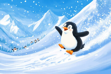 Obraz premium A cheerful penguin sliding down a snowy hill, leaving a trail of snow behind. Its friends cheer from the sidelines, and the snow covered mountains in the background complete the festive winter scene.