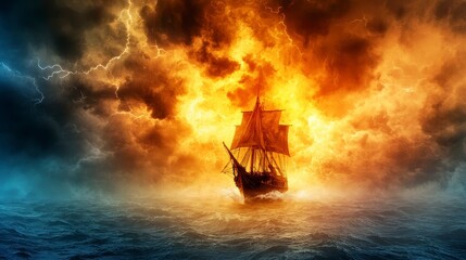 Dark Wooden Sailing Ship in Fiery Stormy Sea