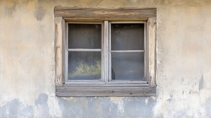 Fototapeta premium Old wooden window with two panes on a shabby wall, rustic texture, vintage architecture, peeling paint, distressed wood frame, time-worn beauty, weathered exterior