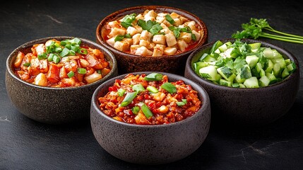 Four Colorful Sauces in Small Bowls on Dark Background