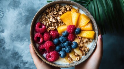 A Vibrant Smoothie Bowl: A hand-held smoothie bowl overflowing with a colorful medley of fresh fruits and granola, presented with an appealing aesthetic appeal.