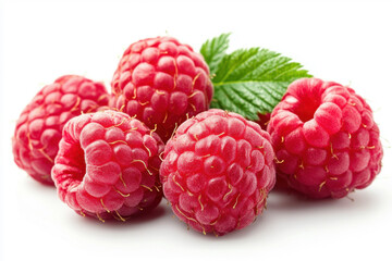 Fresh raspberries displayed on a white surface with green leaves