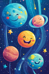 Naklejka premium A group of smiling cartoon planets in a cosmic scene, each with its own unique expression and personality. Shooting stars and swirling galaxies add to the whimsical outer space adventure.