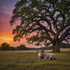 A peaceful ram resting beneath a large oak tree during a colorful sunset.